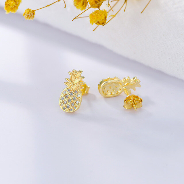 Sterling Silver with Yellow Gold Plated Zircon Pineapple Stud Earrings-3