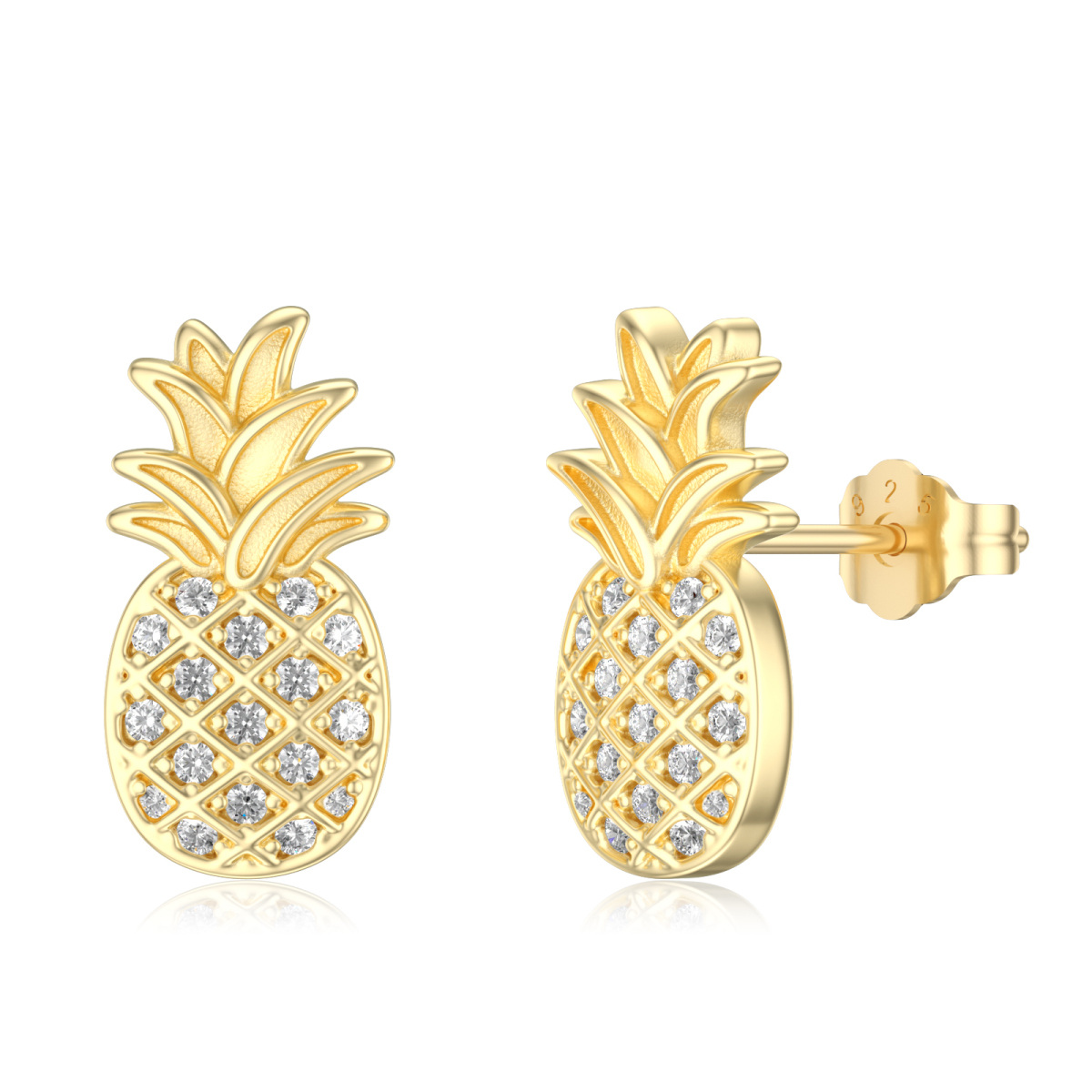 Sterling Silver with Yellow Gold Plated Zircon Pineapple Stud Earrings-1