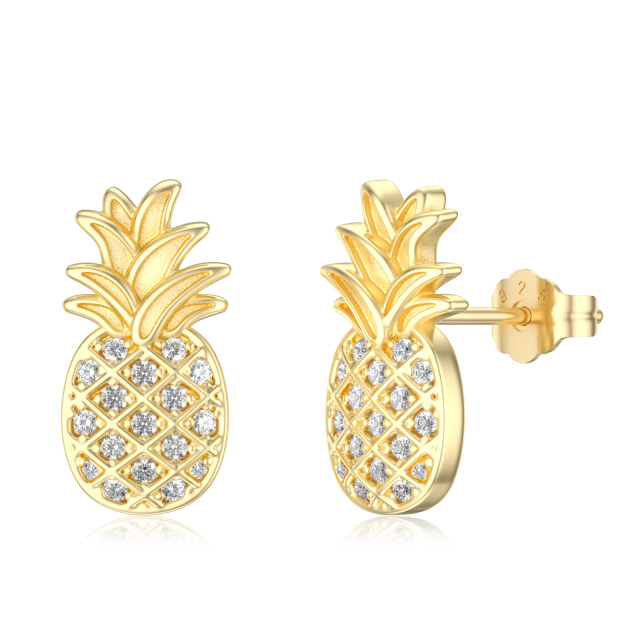 Sterling Silver with Yellow Gold Plated Zircon Pineapple Stud Earrings-0