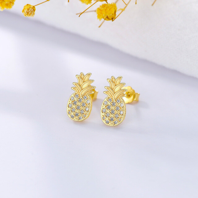 Sterling Silver with Yellow Gold Plated Zircon Pineapple Stud Earrings-2
