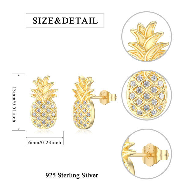 Sterling Silver with Yellow Gold Plated Zircon Pineapple Stud Earrings-4