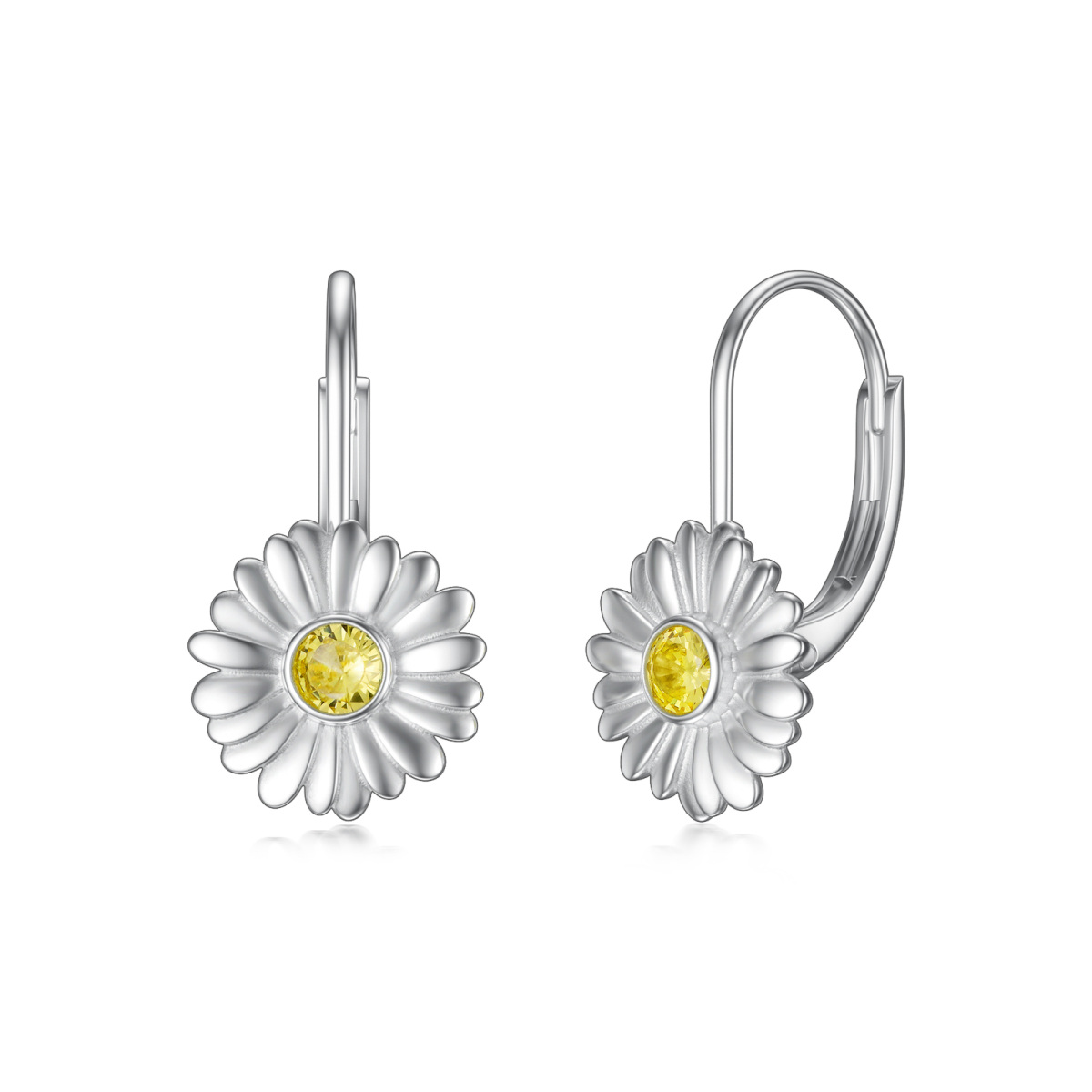 Sterling Silver Two-tone Circular Shaped Cubic Zirconia Daisy Lever-back Earrings-1