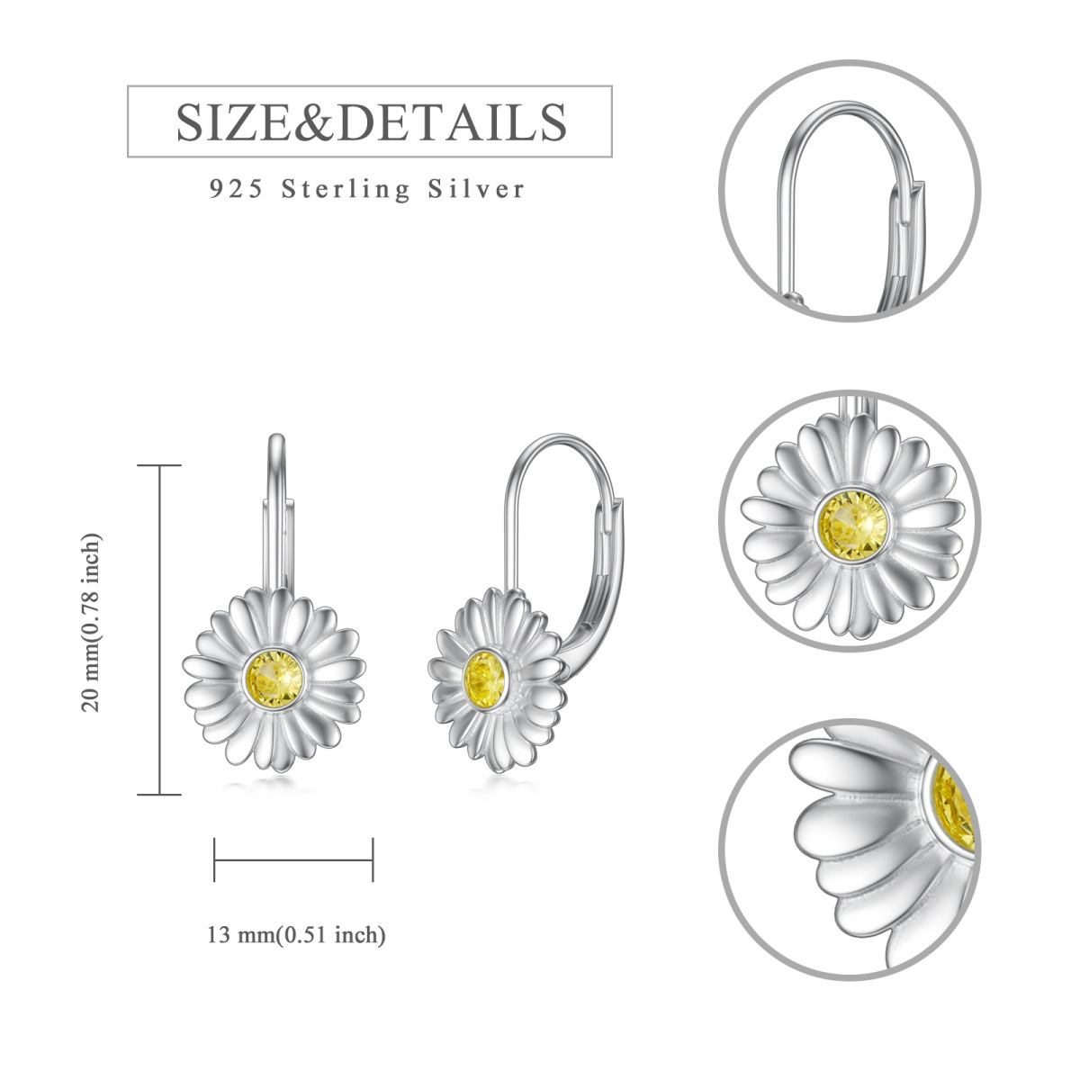 Sterling Silver Two-tone Circular Shaped Cubic Zirconia Daisy Lever-back Earrings-6