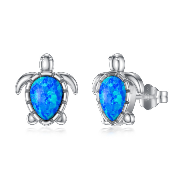 Sterling Silver Oval Shaped Opal Sea Turtle Stud Earrings-0