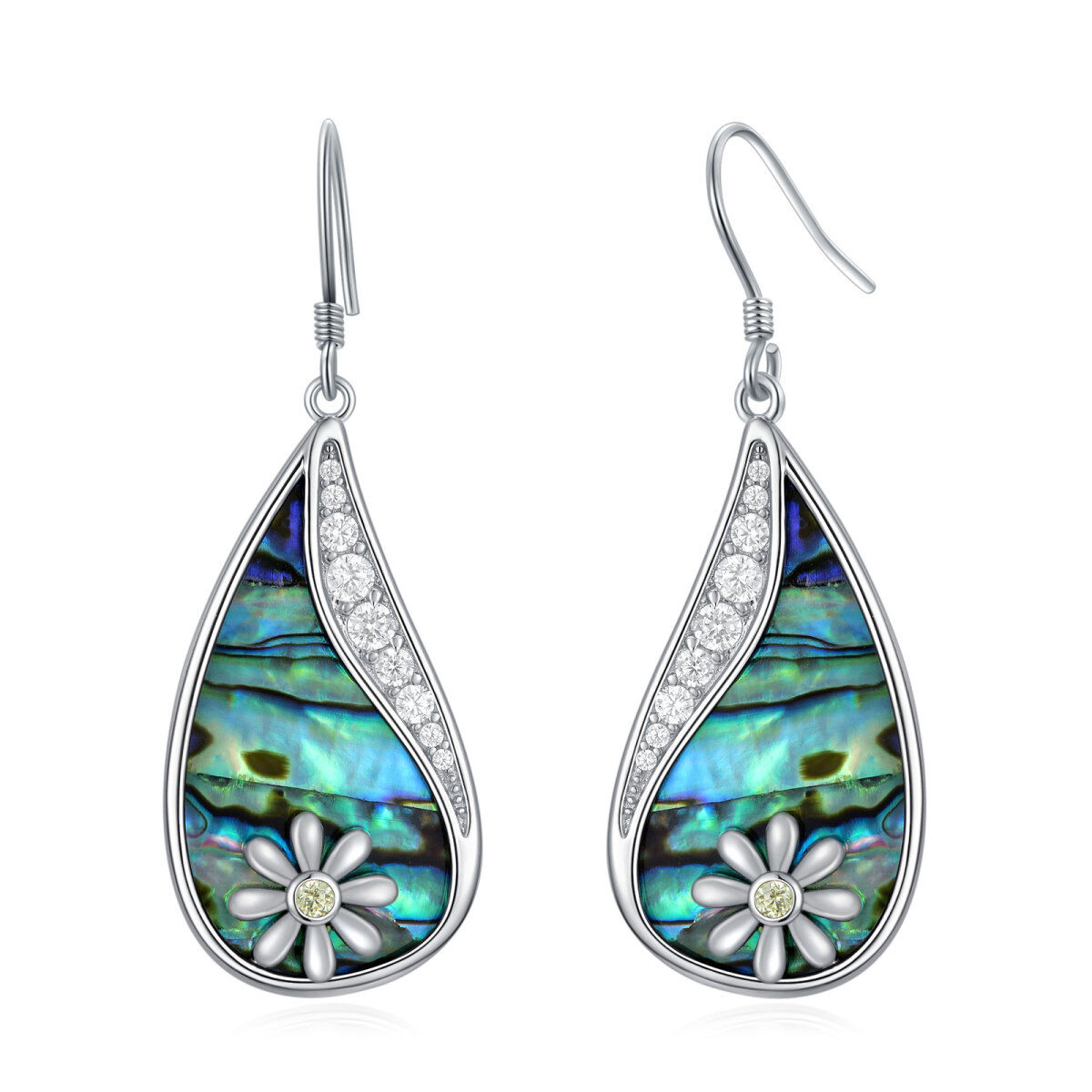 Sterling Silver Circular Shaped Abalone Shellfish & Cubic Zirconia Daisy Drop Earrings-1