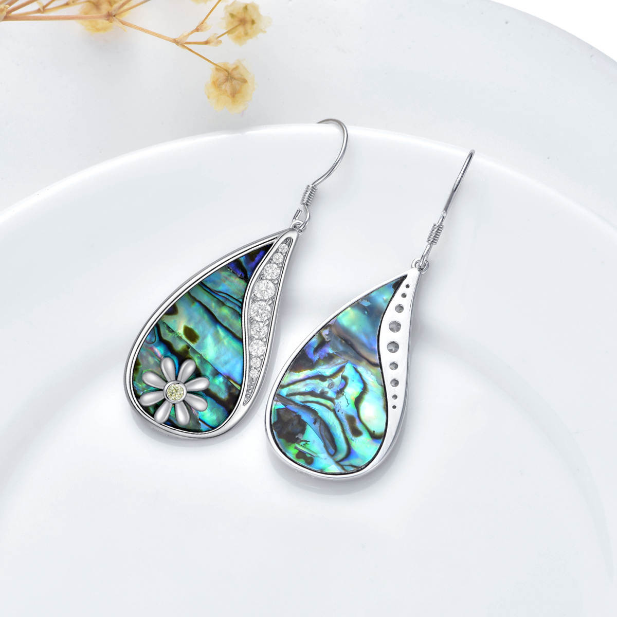 Sterling Silver Circular Shaped Abalone Shellfish & Cubic Zirconia Daisy Drop Earrings-4