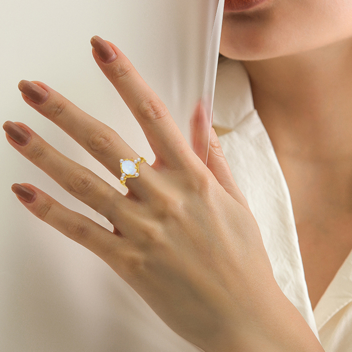 Sterling Silver with Yellow Gold Plated Opal & Pearl Spherical Open Ring-2