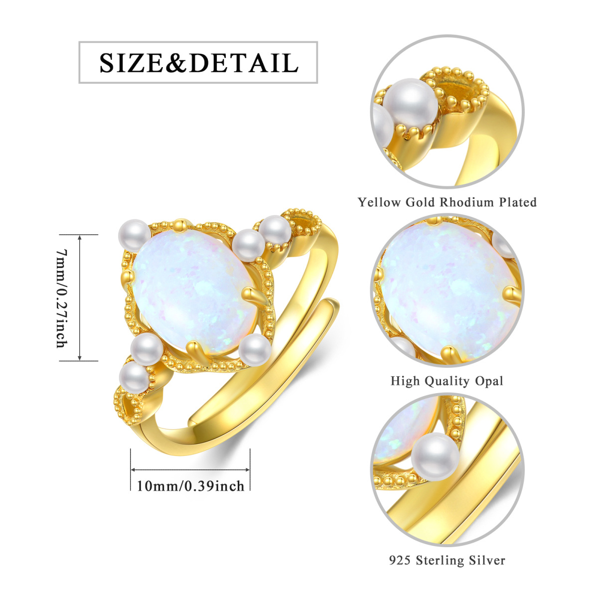 Sterling Silver with Yellow Gold Plated Opal & Pearl Spherical Open Ring-6