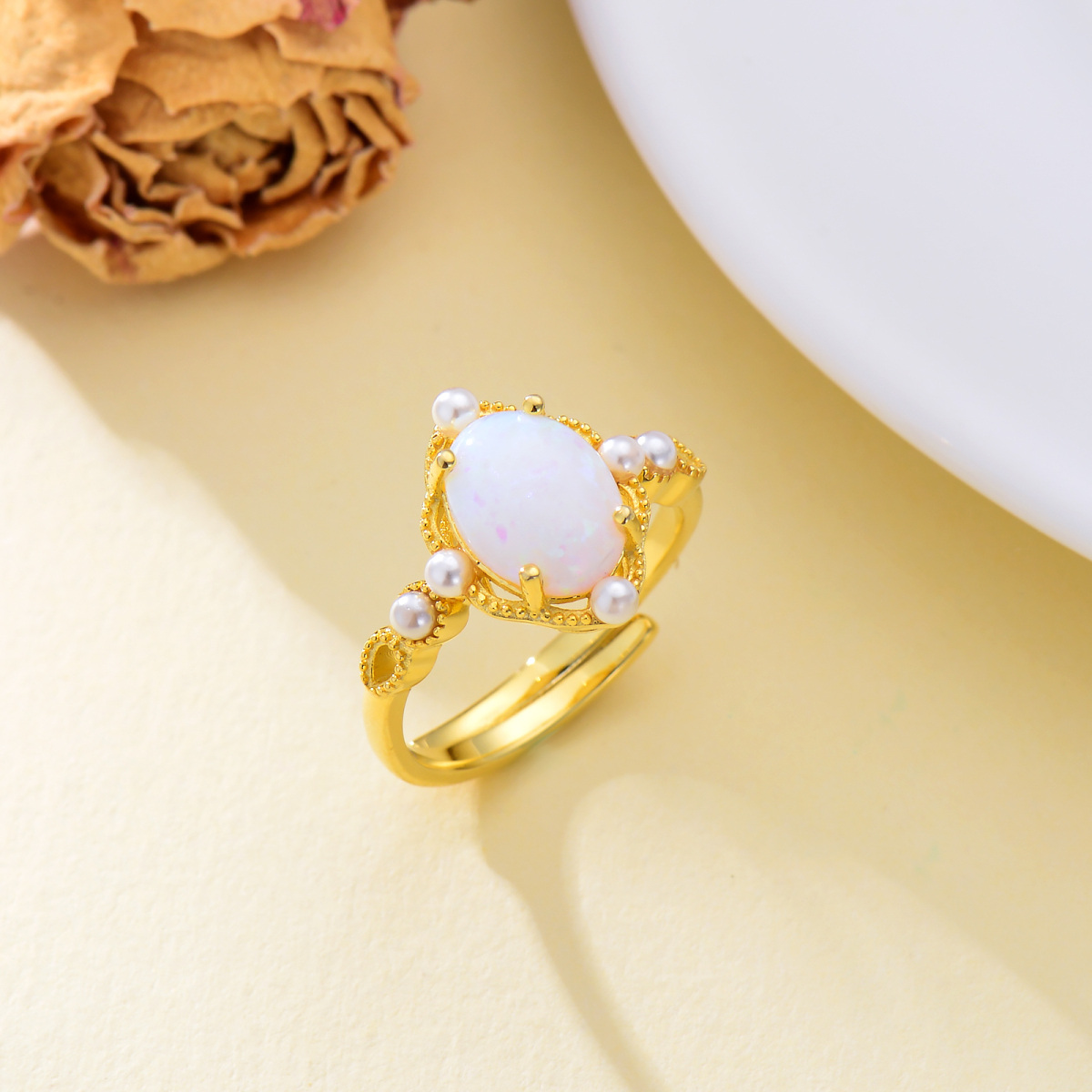 Sterling Silver with Yellow Gold Plated Opal & Pearl Spherical Open Ring-4