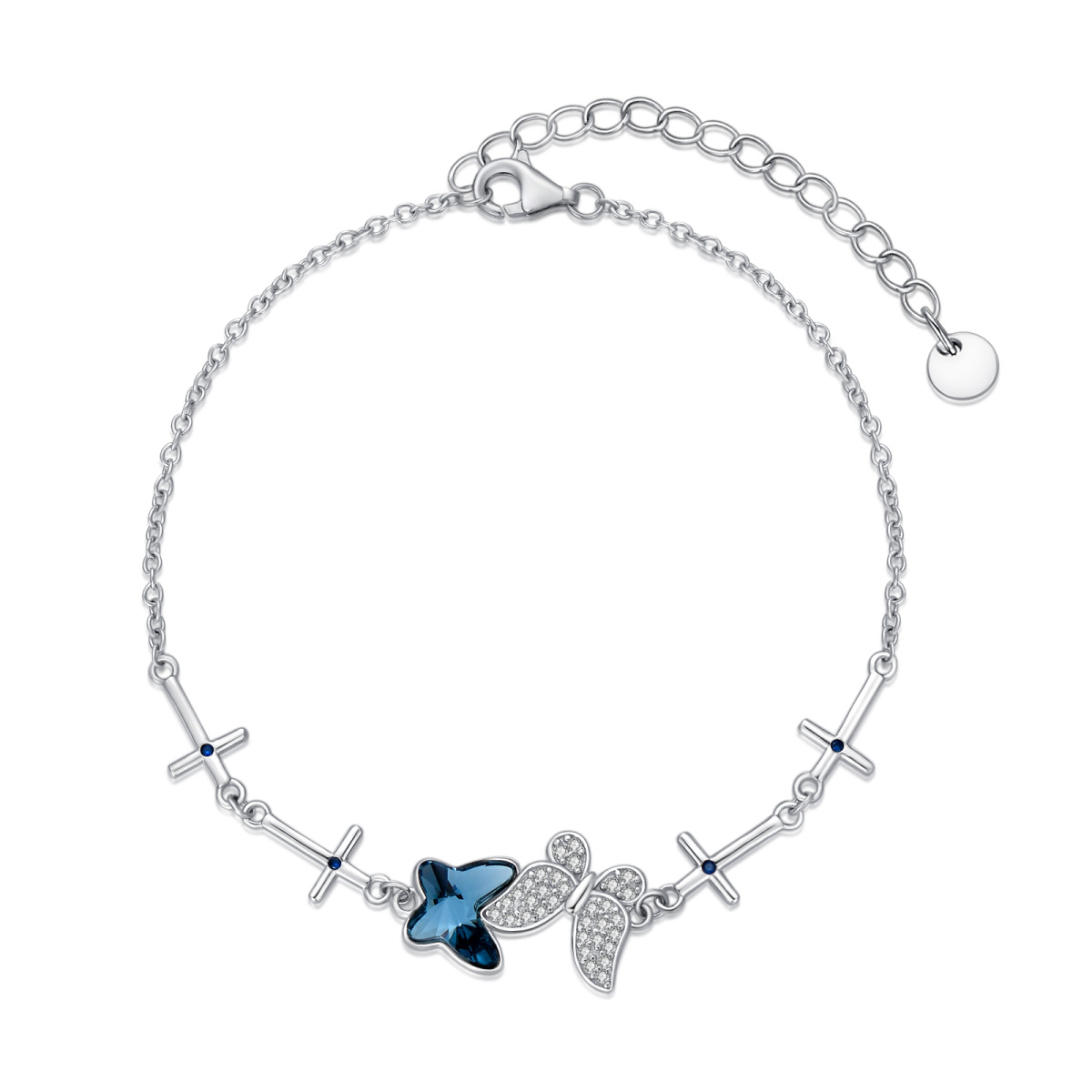 Sterling Silver Crystal Butterfly & Cross Pendant Bracelet-1