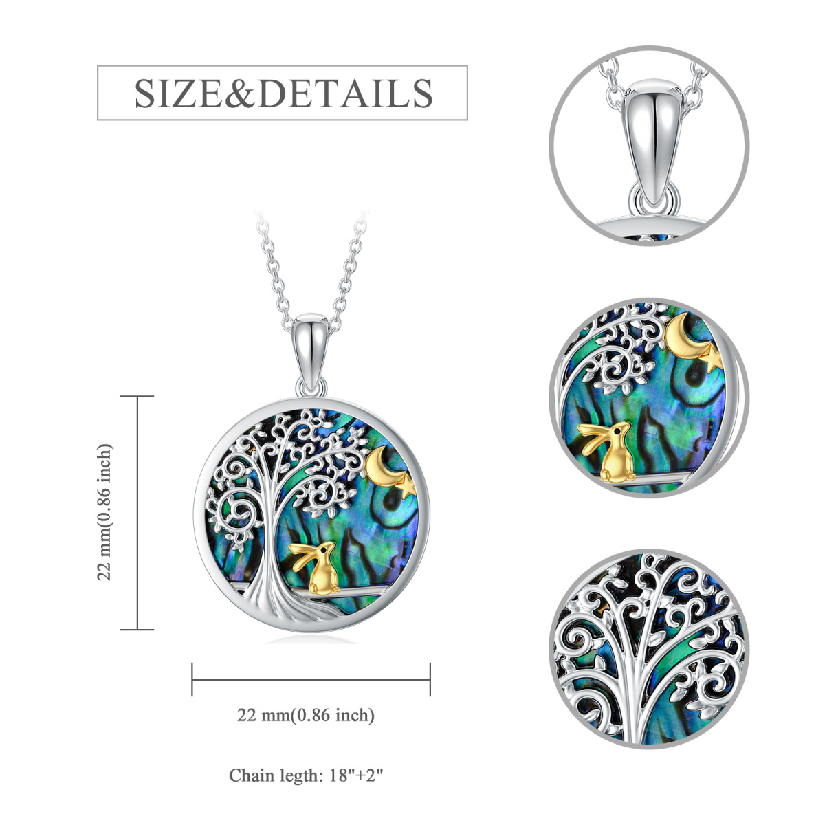 Sterling Silver Two-tone Abalone Shellfish Rabbit & Tree Of Life & Moon Pendant Necklace-5