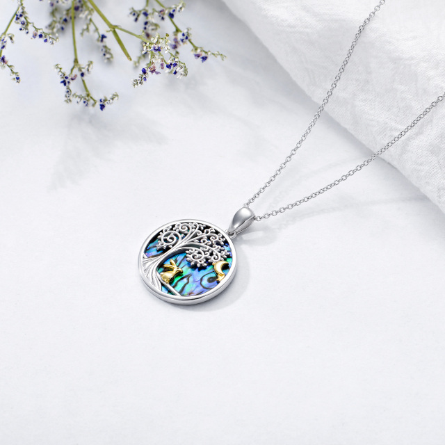 Sterling Silver Two-tone Abalone Shellfish Rabbit & Tree Of Life & Moon Pendant Necklace-3