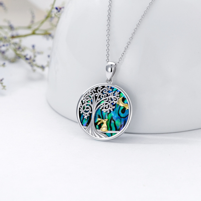 Sterling Silver Two-tone Abalone Shellfish Rabbit & Tree Of Life & Moon Pendant Necklace-2