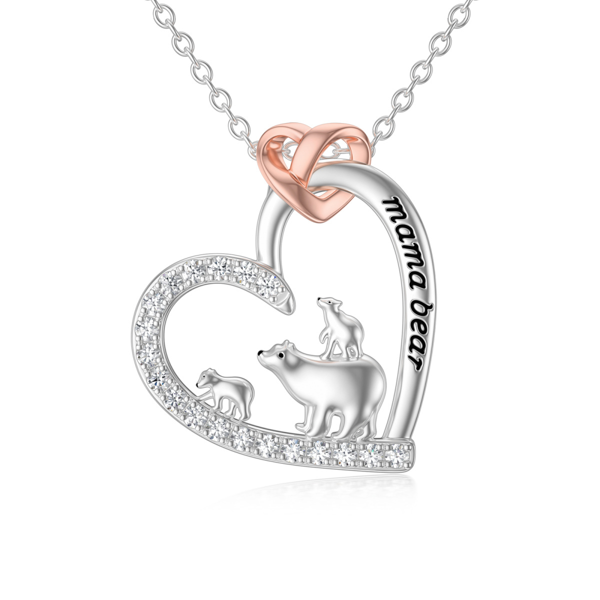 Sterling Silver Two-tone Cubic Zirconia Polar Bear & Heart Pendant Necklace with Engraved Word-1