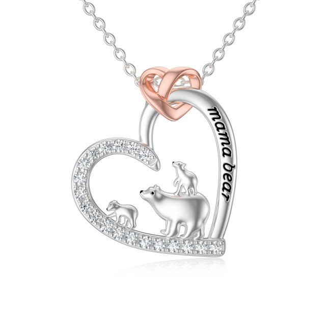 Sterling Silver Two-tone Cubic Zirconia Polar Bear & Heart Pendant Necklace with Engraved Word-0