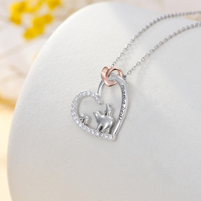 Sterling Silver Two-tone Cubic Zirconia Polar Bear & Heart Pendant Necklace with Engraved Word-3