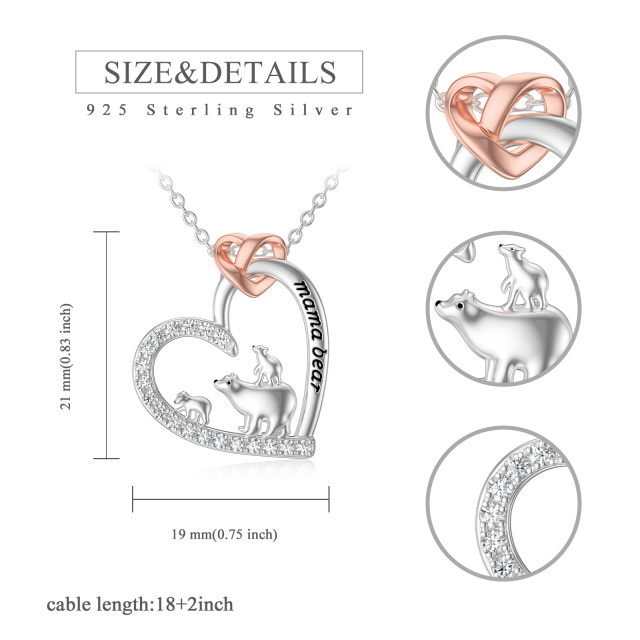 Sterling Silver Two-tone Cubic Zirconia Polar Bear & Heart Pendant Necklace with Engraved Word-5