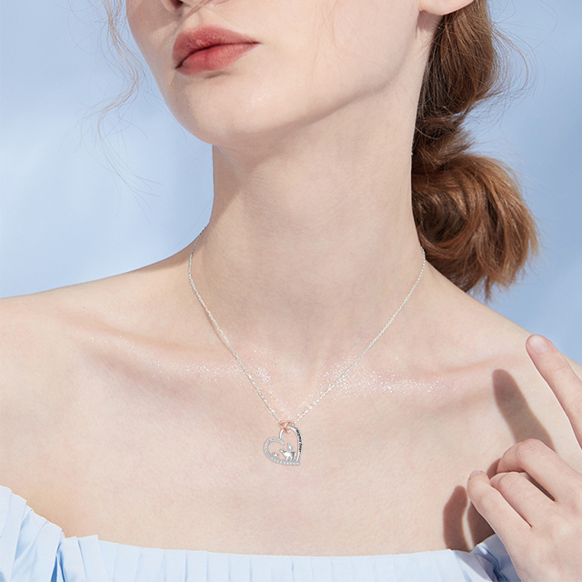 Sterling Silver Two-tone Cubic Zirconia Polar Bear & Heart Pendant Necklace with Engraved Word-1