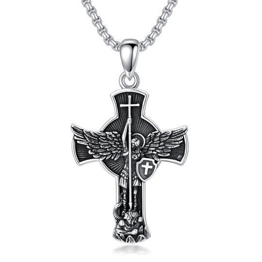 Collier en argent sterling avec croix taillée en diamant et pendentif Saint Michel pour hommes