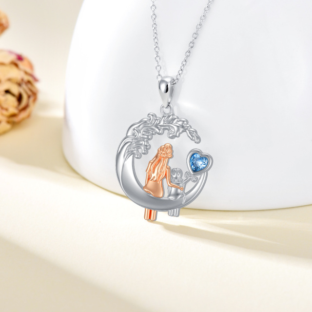Sterling Silver Two-tone Heart Crystal Mother & Moon Pendant Necklace-3