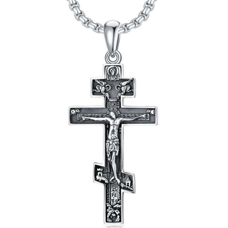 Sterling Silver Cross Jesus Pendant Necklace for Men