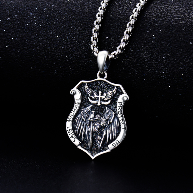 Sterling Silver with Black Rhodium Saint Michael & Shield Pendant Necklace with Engraved Word for Men-2