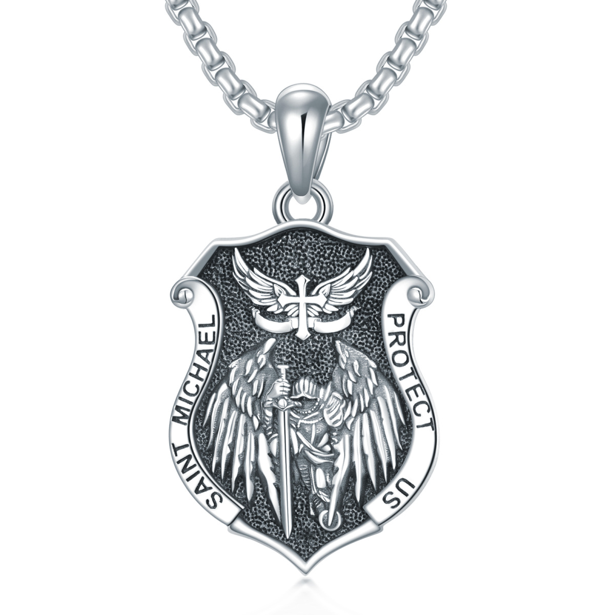 Sterling Silver with Black Rhodium Saint Michael & Shield Pendant Necklace with Engraved Word for Men-1