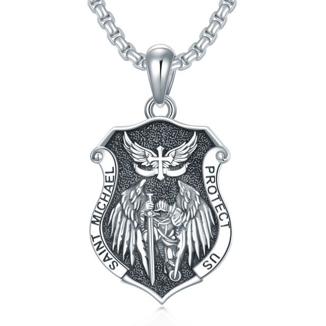 Colar com pingente de escudo de Saint Michael em prata esterlina com ródio preto com palavra gravada para homens-0