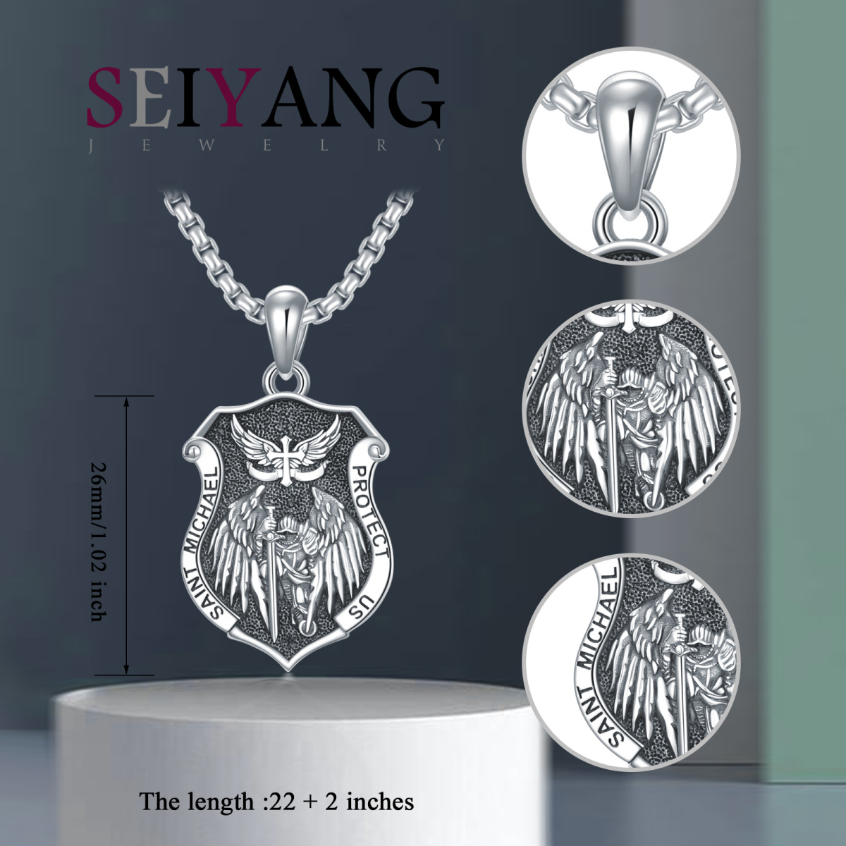 Collier pendentif en argent sterling avec rhodium noir Bouclier Saint Michel avec mot gravé pour homme-6