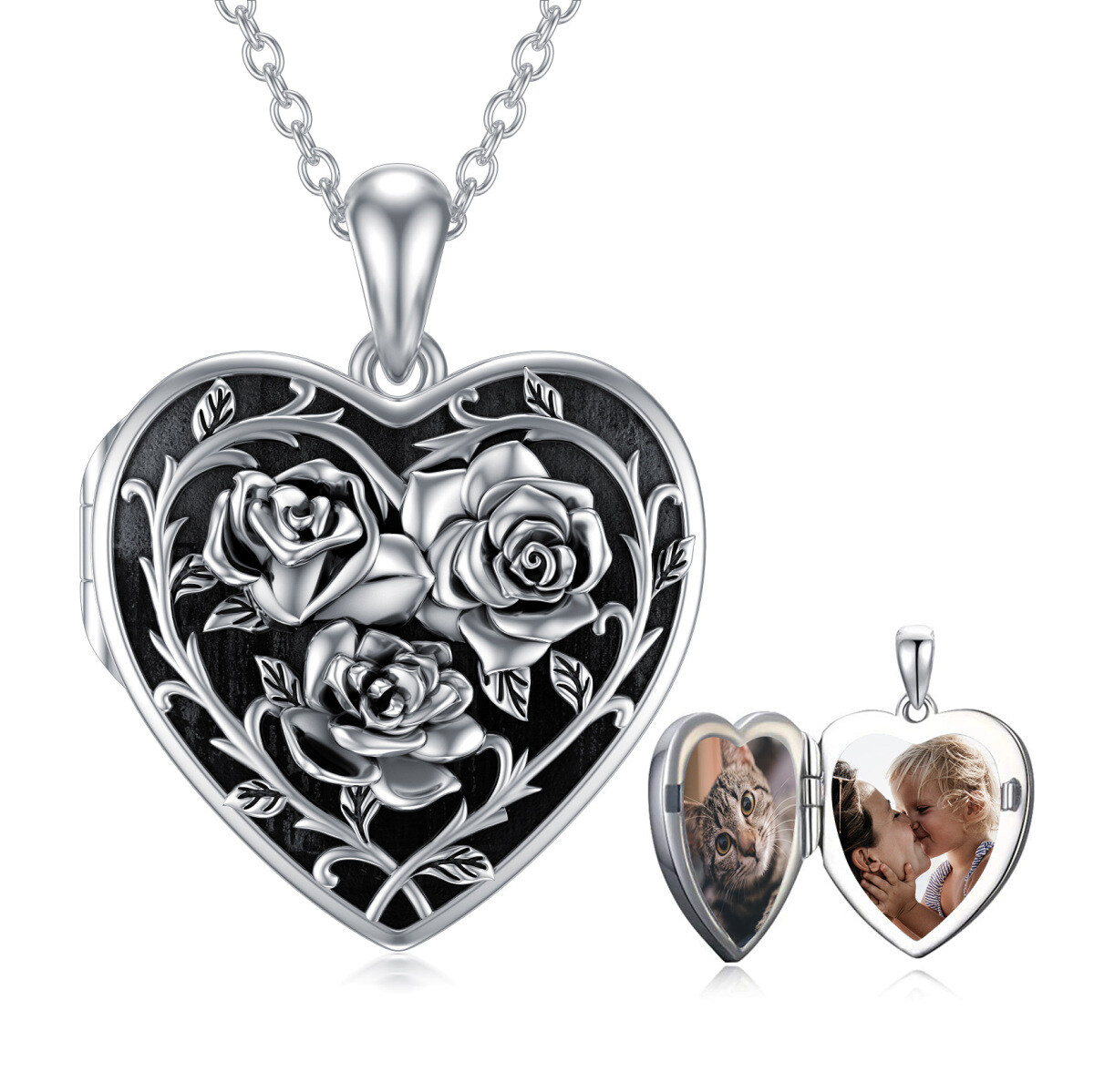 Sterling Silver with Black Rhodium Rose Personalized Photo Locket Necklace-1