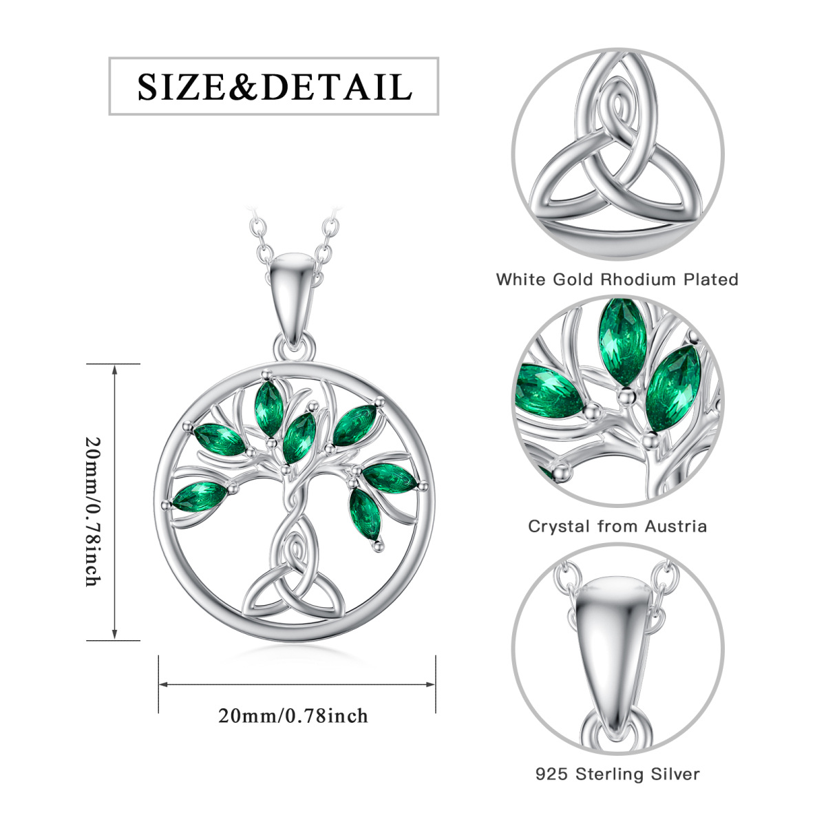 Sterling Silber Kristall Baum des Lebens & keltischen Knoten Anhänger Halskette-6