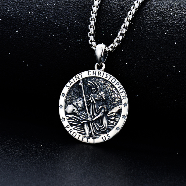 Sterling Silver St. Christopher Round Pendant Necklace with Engraved Word for Men-2