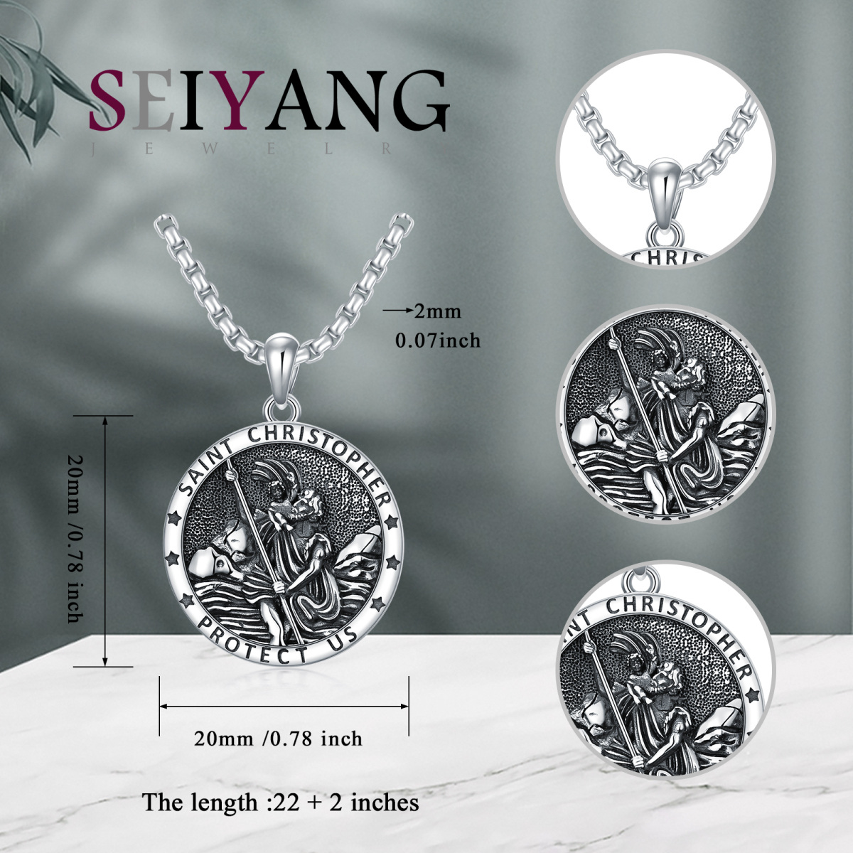 Sterling Silver St. Christopher Round Pendant Necklace with Engraved Word for Men-5