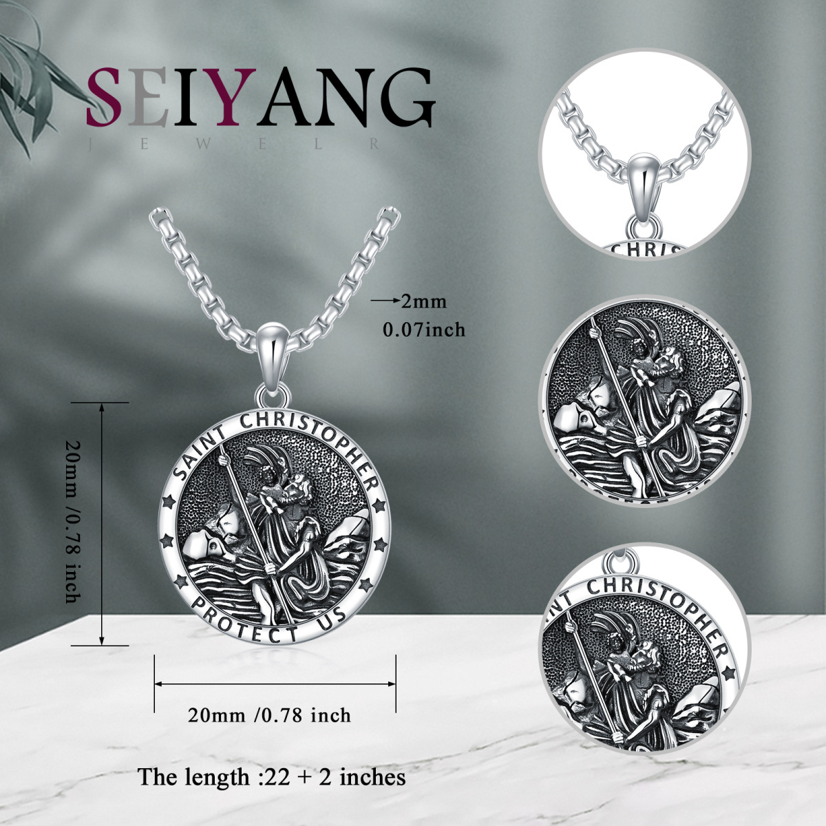 Collier pendentif rond Saint-Christophe en argent sterling avec mot gravé pour homme-5