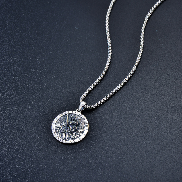 Sterling Silver St. Christopher Round Pendant Necklace with Engraved Word for Men-3