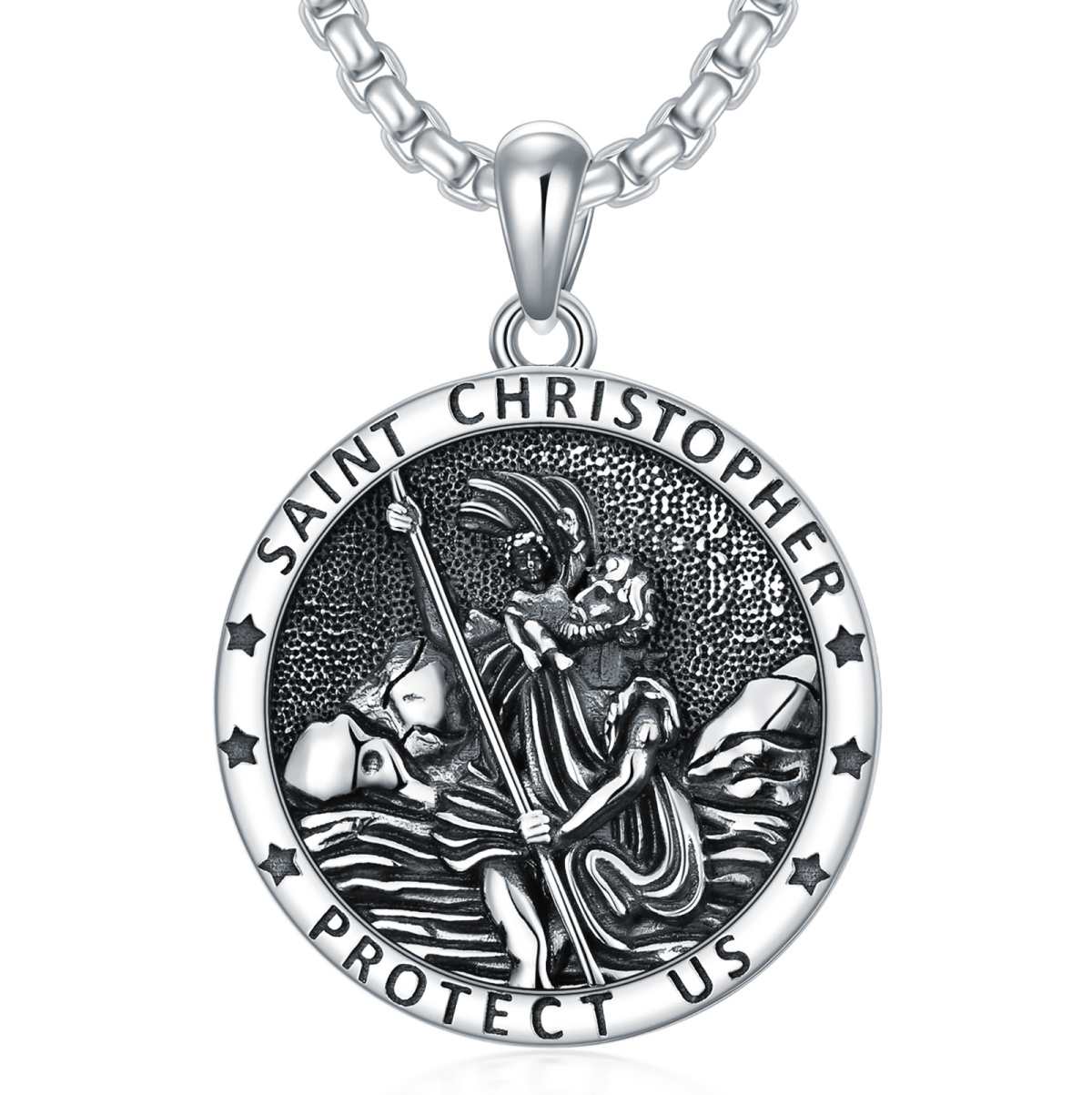 Sterling Silver St. Christopher Round Pendant Necklace with Engraved Word for Men-1