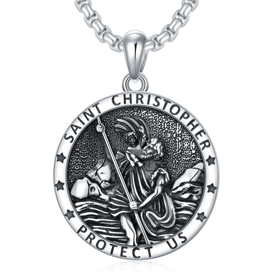 Sterling Silver St. Christopher Round Pendant Necklace with Engraved Word for Men