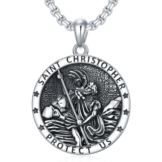 Sterling Silver St. Christopher Round Pendant Necklace with Engraved Word for Men-0