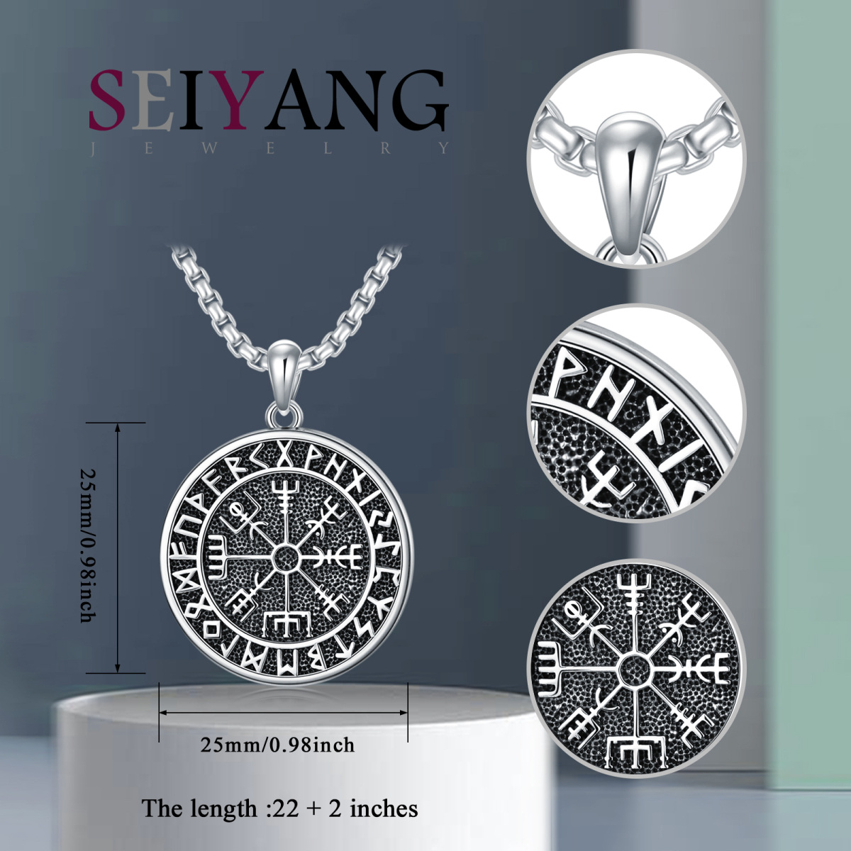 Sterling Silver with Black Rhodium Viking Rune Pendant Necklace for Men-5