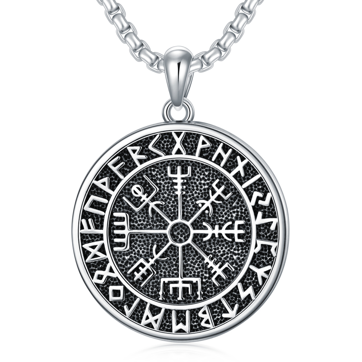 Sterling Silver with Black Rhodium Viking Rune Pendant Necklace for Men-1