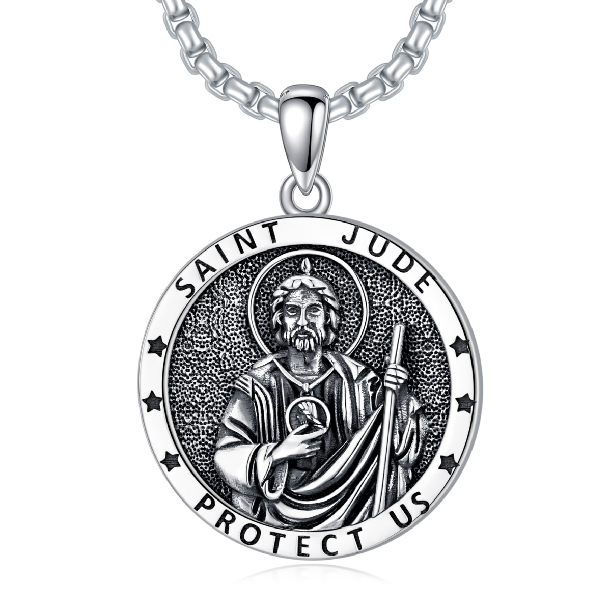 Sterling Silver Saint Jude Pendant Necklace with Engraved Word for Men-1
