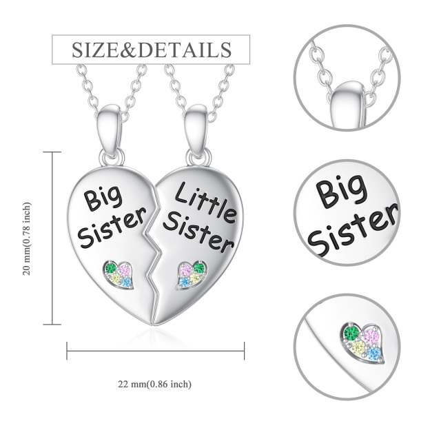 Colar de prata esterlina com pingente de coração e irmãs em forma circular-4