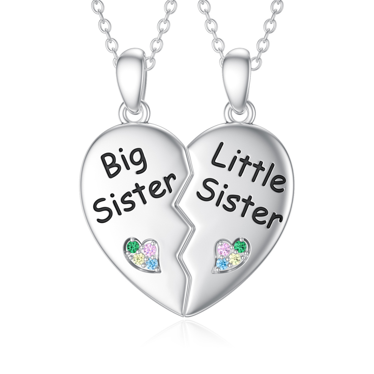 Sterling Silver Circular Shaped Sisters & Heart Pendant Necklace-1