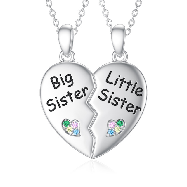 Colar de prata esterlina com pingente de coração e irmãs em forma circular-0