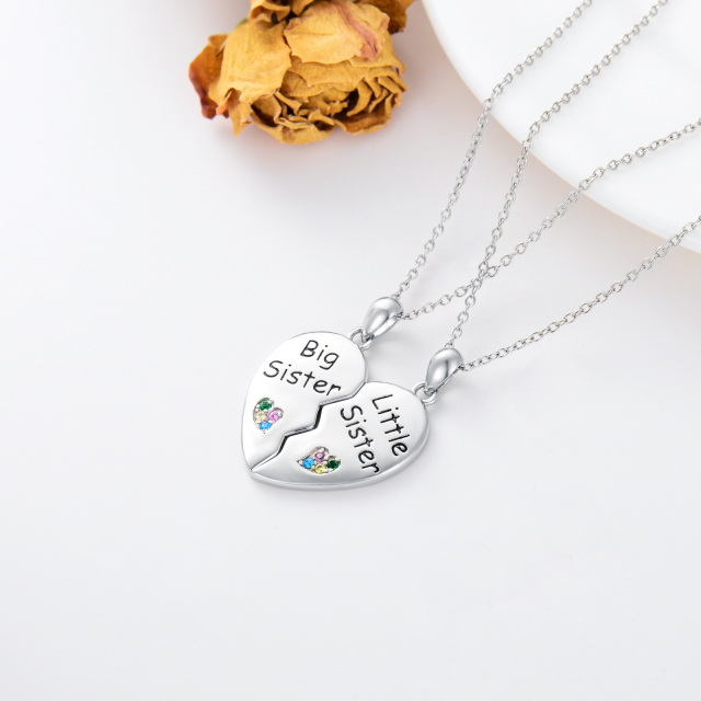 Colar de prata esterlina com pingente de coração e irmãs em forma circular-1