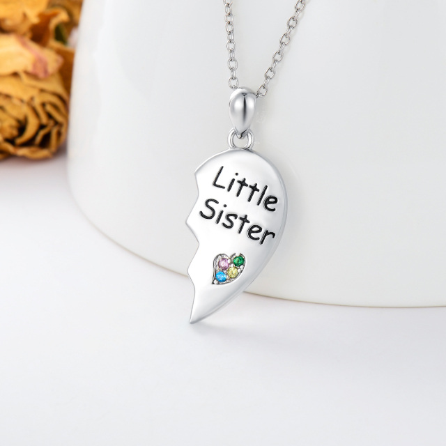 Colar de prata esterlina com pingente de coração e irmãs em forma circular-3
