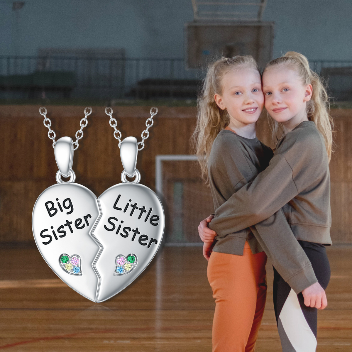 Collar de plata de ley con forma circular de hermanas y colgante de corazón-7