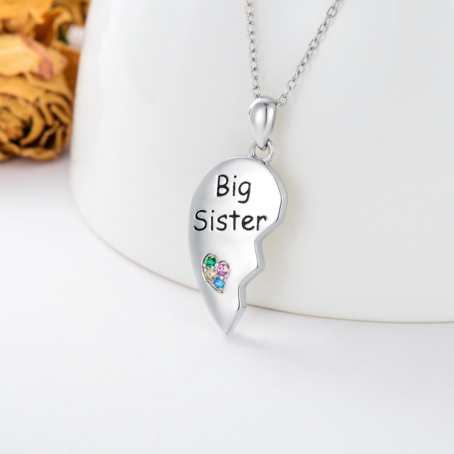 Colar de prata esterlina com pingente de coração e irmãs em forma circular-2
