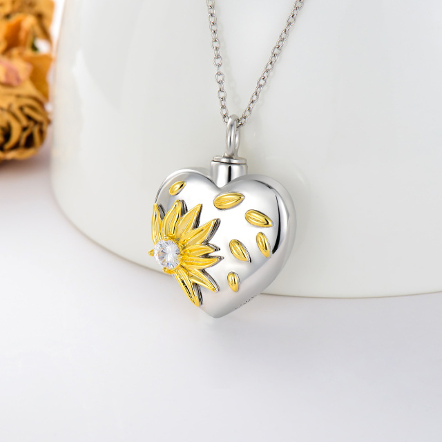 Sterling Silver Two-tone Cubic Zirconia Sunflower & Heart Urn Necklace for Ashes with Engraved Word-3