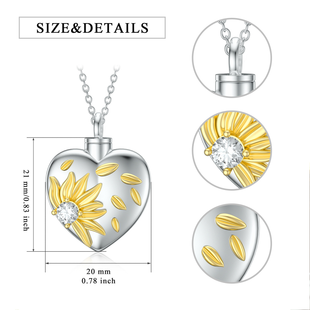 Sterling Silver Two-tone Cubic Zirconia Sunflower & Heart Urn Necklace for Ashes with Engraved Word-6